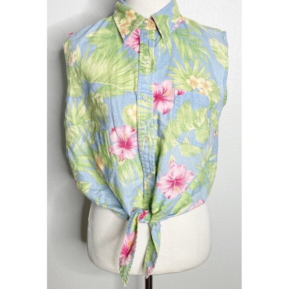 Vtg Y2K LAUREN RALPH LAUREN Linen‎ Tie Front Floral Resort Cruise Core Top 16 - Picture 1 of 3